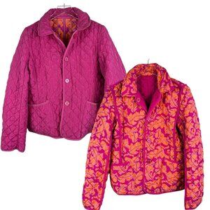 CaSual Quilted Silk Jacket M Pink Orange Reversible Floral puffer bright Luxury